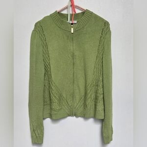 St.John Sport Wool & Rayon Sz M Blend Green Cable Knit Open Zip Sweater Cardigan